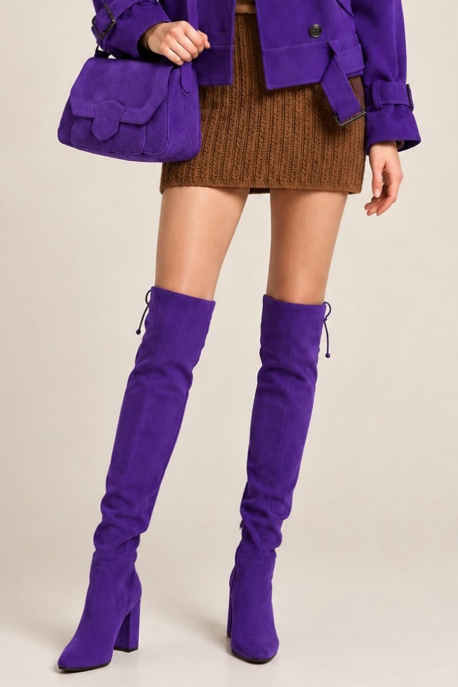 Women's violet purple custom-made thigh-high boots with round toe and high block heel - Worn view